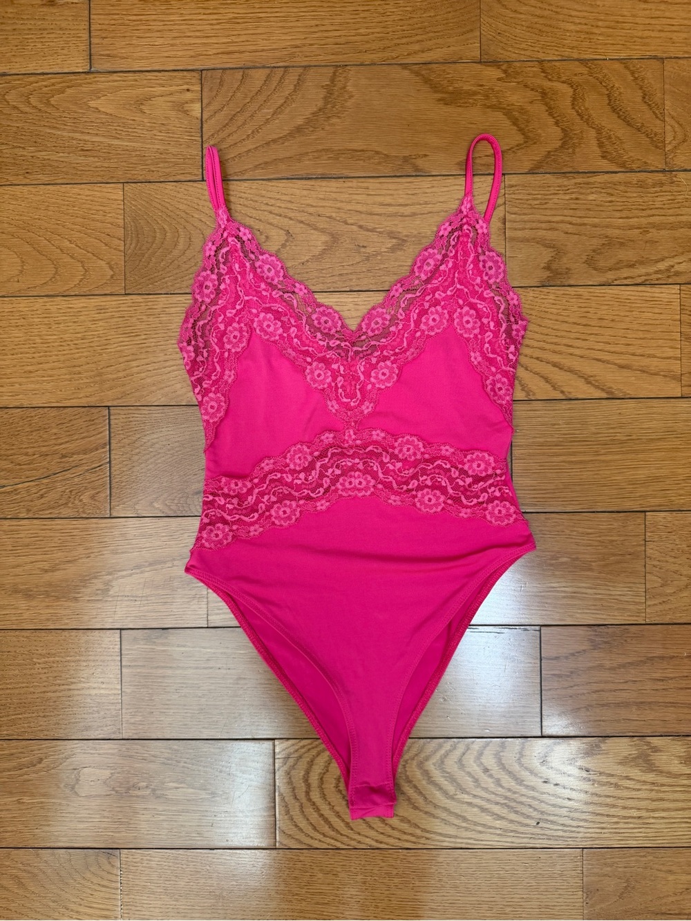 Zara Bright Pink Lace Trim V-Neck Bodysuit